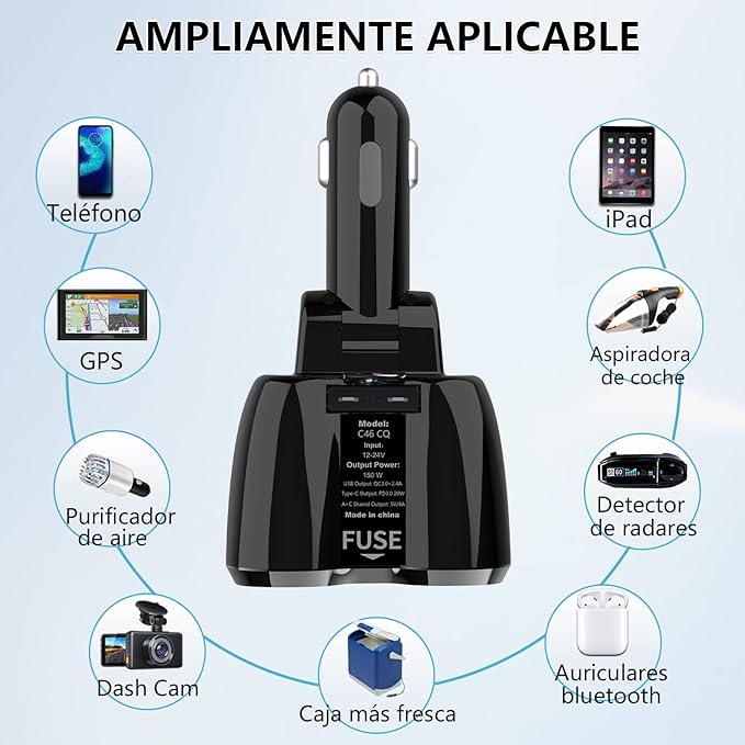Cigarette Lighter Splitter 2 Socket, Qidoe 150W Cigarette Lighter Adapter 20W USB C Car Charger and 18W QC3.0 Multi Port Car 12V Splitter with Button Switch LED Voltmeter for GPS Dash Cam Phone Tablet
