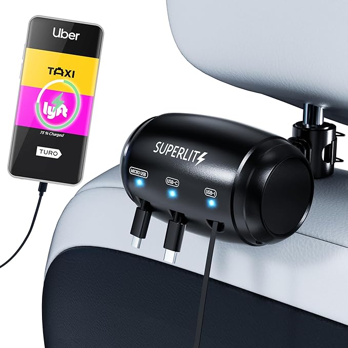Superlit 3-in-1 Retractable Backseat Car Charger – Headrest Mount Charging Station for Uber, Lyft and Rideshare Drivers, Fast Multi USB Charging Device for Passengers Compatible with All Phones