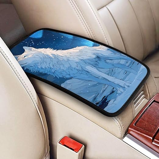 White Wolf Stands On The Snow Car Auto Armrest Cushion Cover Accessories Center Console Seat Box Pad Protector Universal Decoration for Most Vehicle SUV Truck