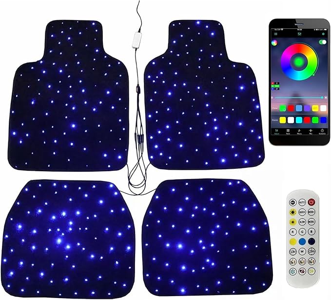 Starlight LED Car Floor Mats, 4pcs Shiny Starry Sky Star Light Floor Mats, App Control Washable Fiber Optic Lights Universal Automotive Decoration Atmosphere Light