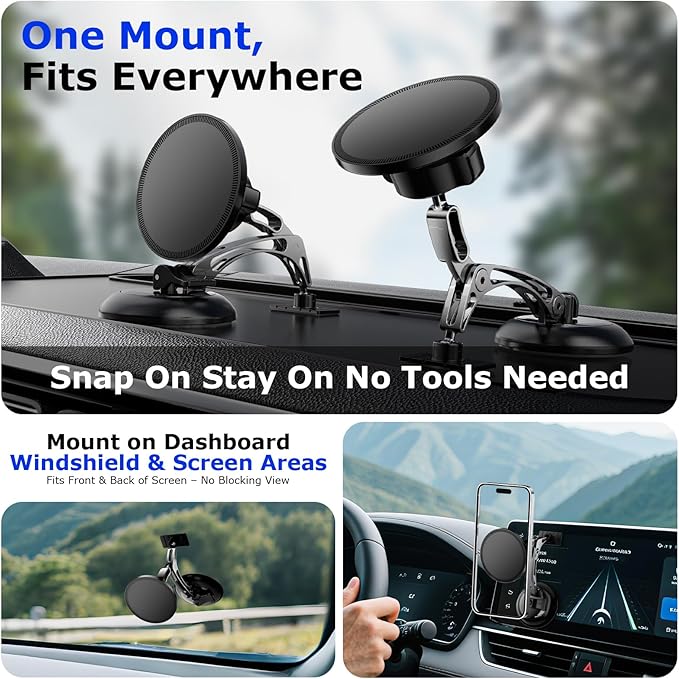 Dual Support for MagSafe Car Mount, Magnetic Phone Holder for Car with Vacuum, 360°Adjustable Metal Head &Extension Rod, Cell Phone Holders for Your Car for iPhone17/16/15/14/13/12, Android