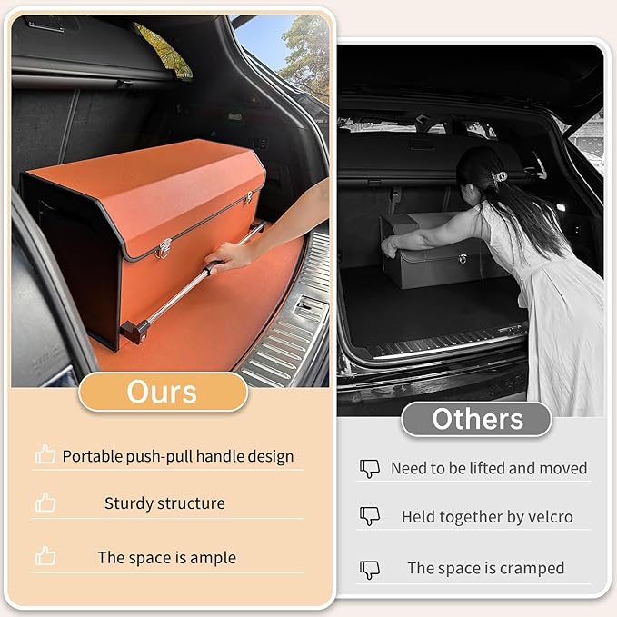 XCF Car Trunk Organizer for SUV, Collapsible Leather Car Storage Trunk Organizer with Lid and Sturdy Handle Car Trunk Leather Storage Box (Orange, 27.1 x 11.4 x 12.2in)