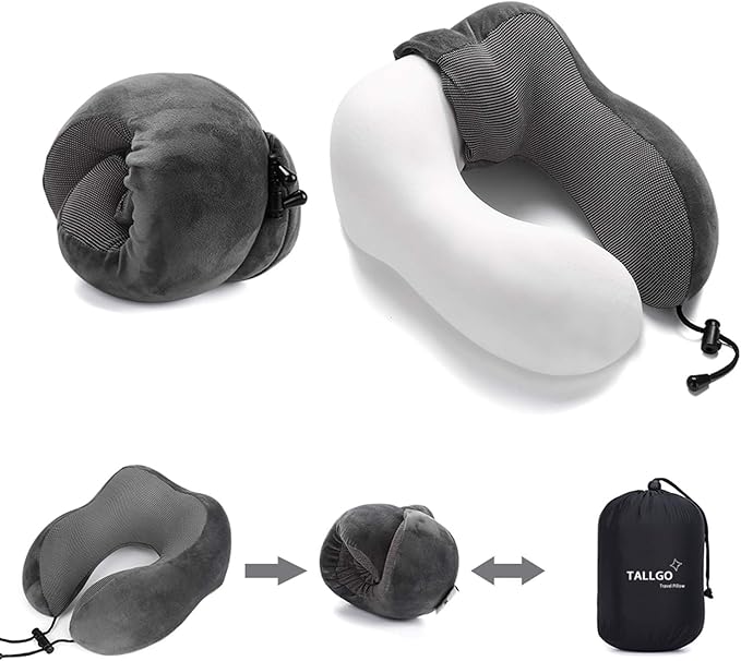 TALLGO Travel Pillow, Best Memory Foam Neck Pillow Head Support Soft Pillow for Sleeping Rest, Airplane Car & Home Use (Grey)