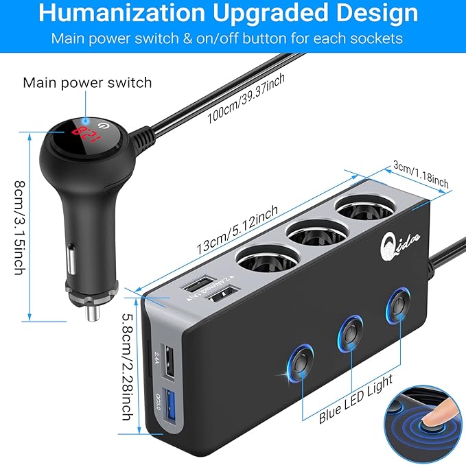 Quick Charge 3.0 Cigarette Lighter Splitter, Qidoe 3 Socket 180W Cigarette Lighter Adapter with 4 USB Fast Charging, DC 12V/24V Cigarette Outlet LED Voltmeter Independent Button for All Car Devices