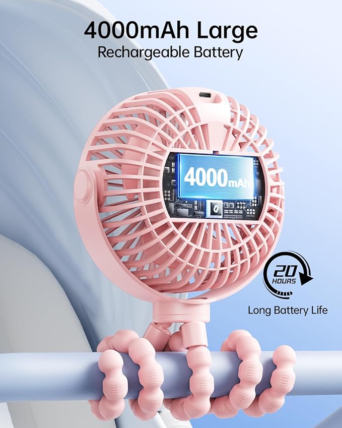 SWEETFULL Portable Stroller Fan with LED Display, 4 Speed Rechargeable Mini Clip On Fan, 360° Rotate Flexible Tripod Better Cooling Small Baby Fan for Car Seat Crib Travel Bike Treadmill (Pink)