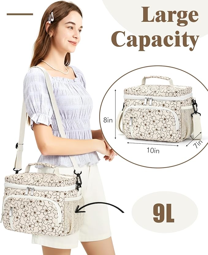 Insulated Lunch Bag for Men & Women, 9L Leakproof Lunch Box Soft Cooler Tote with 5 Pockets, 600D Oxford, EVA Lining, Adjustable Strap for Work, Picnic, Beach&Travel-Corduroy Small Flower