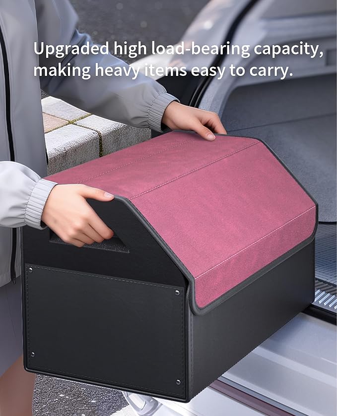 Trunk Organizer for Car, PU Leather Car Trunk Storage Organizer with Magnetic Lid, Car Organizer with Sturdy PC Support, Portable Handle for SUV, Truck, Home and Office (20.1×12.2×12.2 IN)