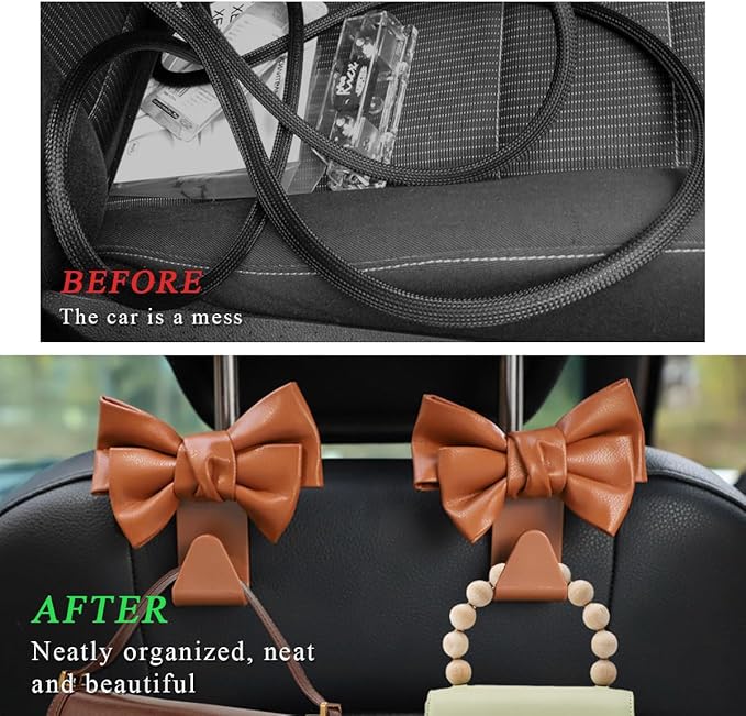 2PCS Purse Holder for Car Hooks, Cute Bow Car Seat Headrest Hooks Handbag Hanger, Bow Knot Auto Back Seat Organizer Storage Hook for Purse Bags Umbrellas, Car Accessories (Brown)