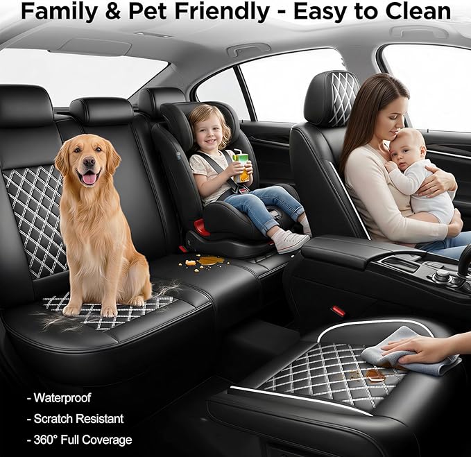 Santa Fe Seat Covers Custom Fit for Hyundai Santa Fe 2007-2026 (Only 5-Seat Version) - Full Set Premium Leather, Waterproof, All-Weather, Airbag Compatible, Car Seat Protectors (Whiteline)