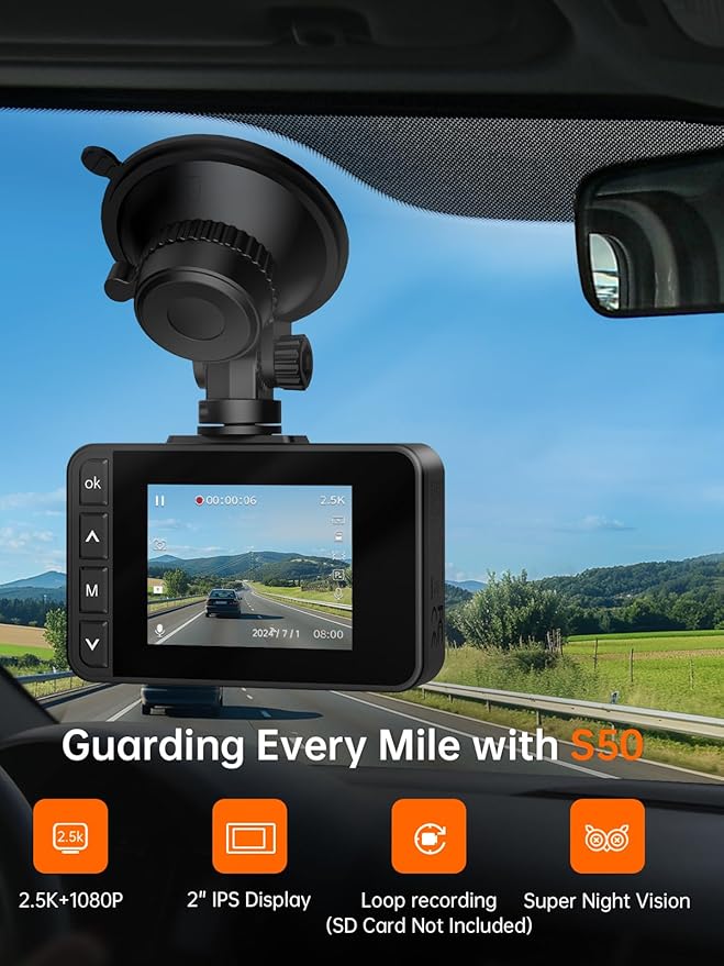 Dash Cam Front and Rear, 2.5K+1080P Dual Dash Camera for Cars, 2’’ Display Mini Car Camera, G-Sensor Dashcam, Night Vision, 24H Parking Mode, Loop Recording, 170°Wide Angle