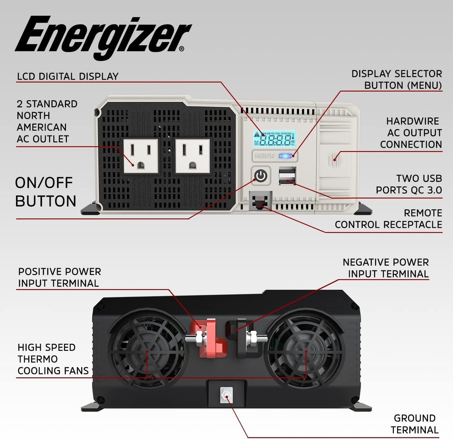 Energizer 1100 Watt 12V to 110v Pure Sine Wave Inverter Dual AC Outlets & USB, Installation Kit Included, Automotive Power for Tools, Camping Essentials & Car Accessories - ETL Approved UL STD 458