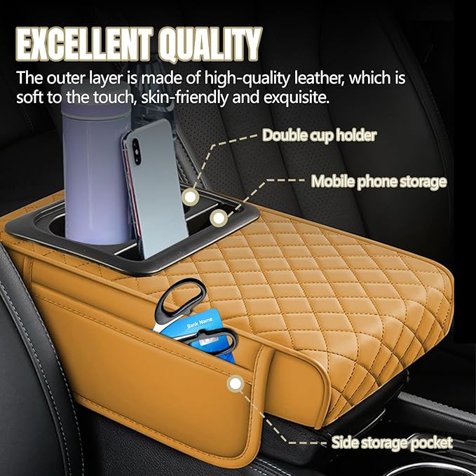 Hovom Car Center Console Cover, 13.39"×7.87"×2.76" Leather Armrest Cover for Cars, Memory Foam Armrest Pillow with Pocket, Cup Holder & Phone Slot, Universal Vehicle Arm Rest Cushion Pad (Orange)