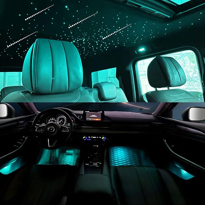 AKEPO 6W APP Meteor RGBW Fiber Optic 3in1 Lights Kit with Under Dash Car Interior Light, Shooting Star Effect+Music Sync Activated+450pcs 9.8ft/3m Fiber Optical Strands+28key RF Remote Control