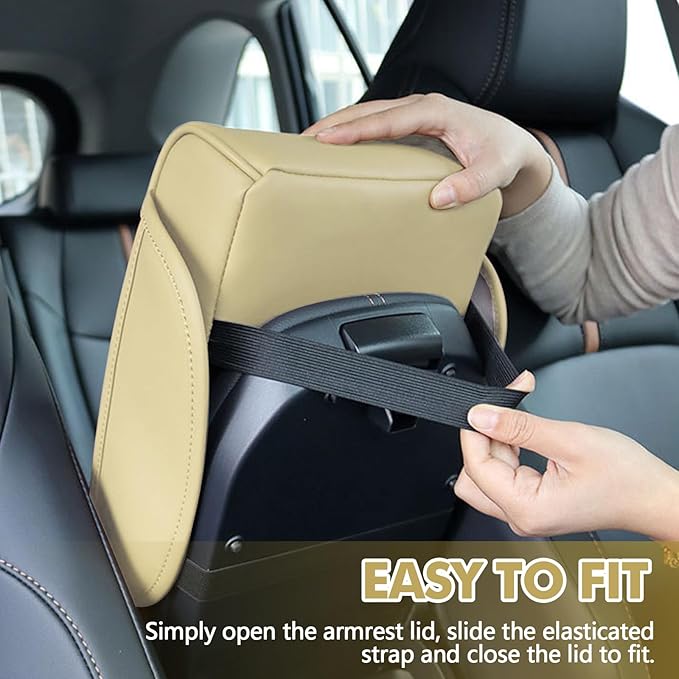 wuyaoyao Car Center Console Cover, 13.39"×8.27"×3.15" Leather Car Armrest Cover with Pocket & Tissue Box & Cup Holder, Multifunctional Auto Armrest Cushion Pad, Universal Car Accessories (Beige)