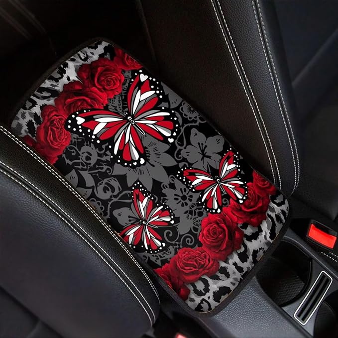Butterfly Rose Print Center Console Armrest Pad for Cars Dust-Proof Anti-Slip Armrest Seat Storage Box Mat for Car Interior Decor, Easy to Install