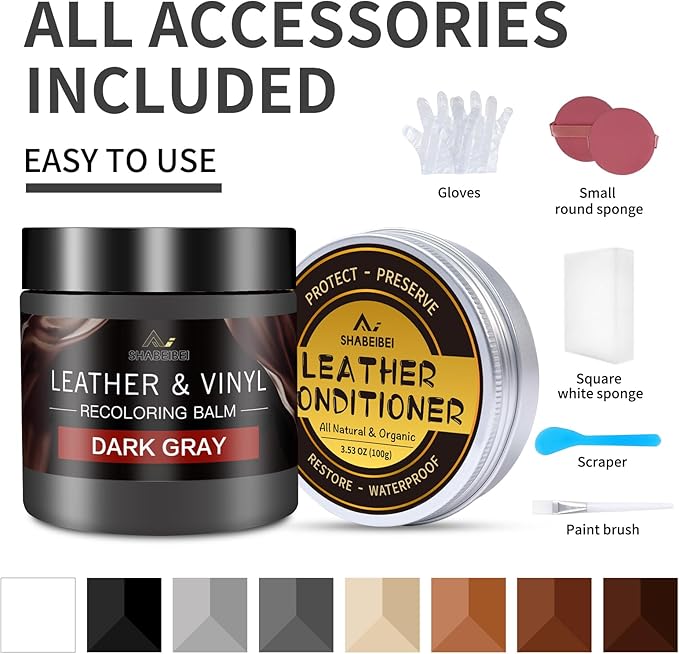 Leather Recoloring Balm with 100ml Mink Oil, Dark Gray Leather Repair Kit and Scratch Remover for Furniture, Car Seats, Sofas, Dye & Restorer for Couches, Vinyl, PU, Faux