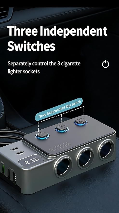 8-in-1 Car Cigarette Lighter Splitter, QC3.0 3 USB Ports & 2 Type-C PD 35W Fast & Safe Charging,3 Sockets with Independent/ Master Switches, Real-Time Voltage Display, Smart Trickle Charging, 12-24V