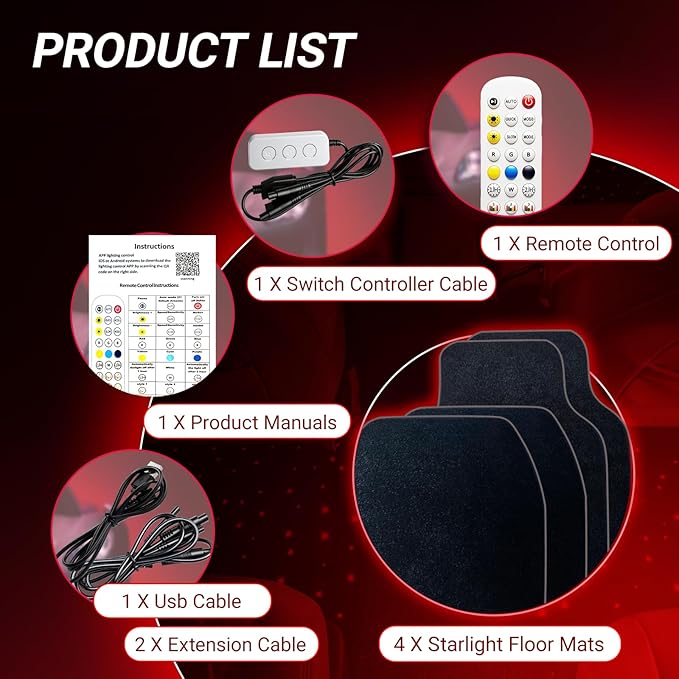 LED Illuminated Car Floor Mats with Remote Control, App Controlled RGB Color Changing Interior Lighting, Universal Fit 4-Piece Set