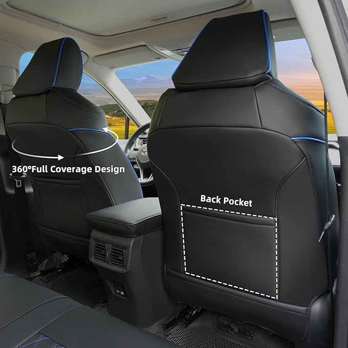 Lolcar Rav4 Seat Covers Custom Fit for Toyota Rav4 (for Hybrid) 2019-2025 LE,XLE,XLE Premium,Limited,Woodland Edition, Leather Truck Seat Cover Full Set for SUV,Faux Leather（Black with Blue Trim）