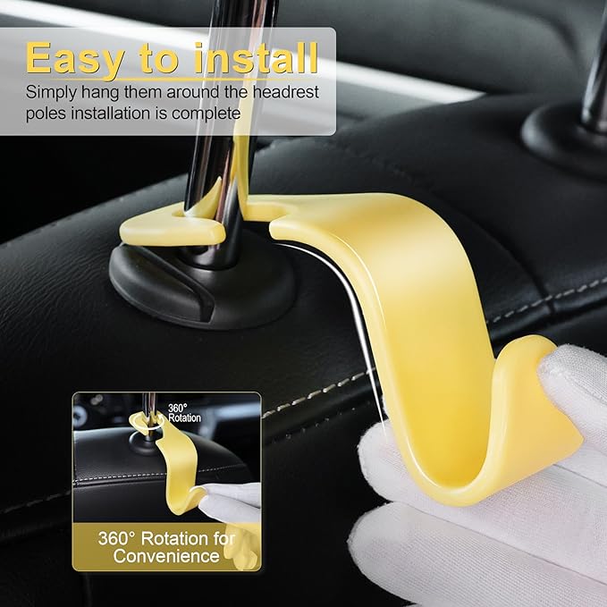 LivTee Car Seat Headrest Hook, Car Headrest Hidden Hook, 4 Pack Universal Auto Car Back Seat Hook Organizer for Purse Coat, Car Interior Accessories (Yellow)