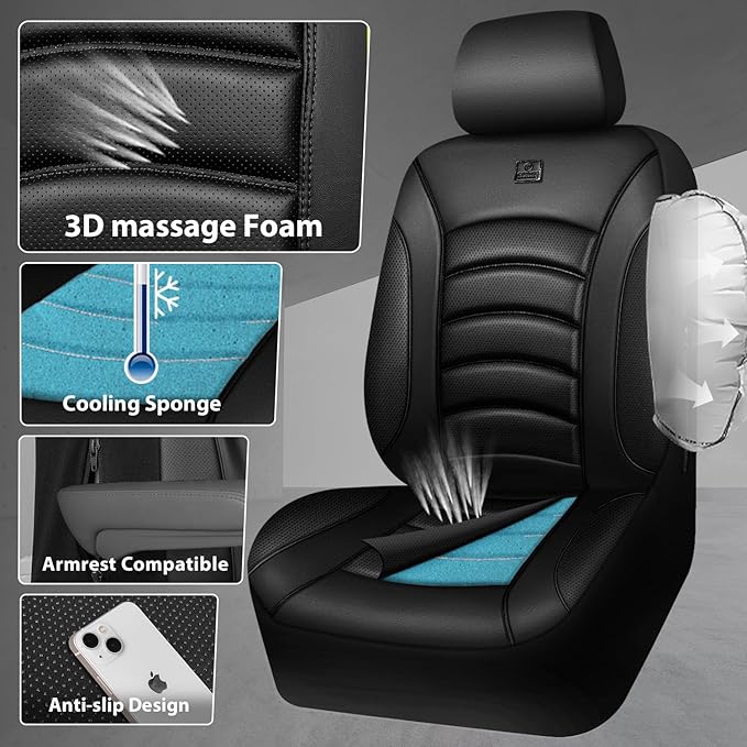 CAR PASS 3D Foam PU Leather Car Seat Covers, Universal Seat Covers Front 2 for Trucks SUV Sedan Automotive Seat Covers Armrest Airbag Compatible Waterproof Comfortable Faux Nappa Leather All Black