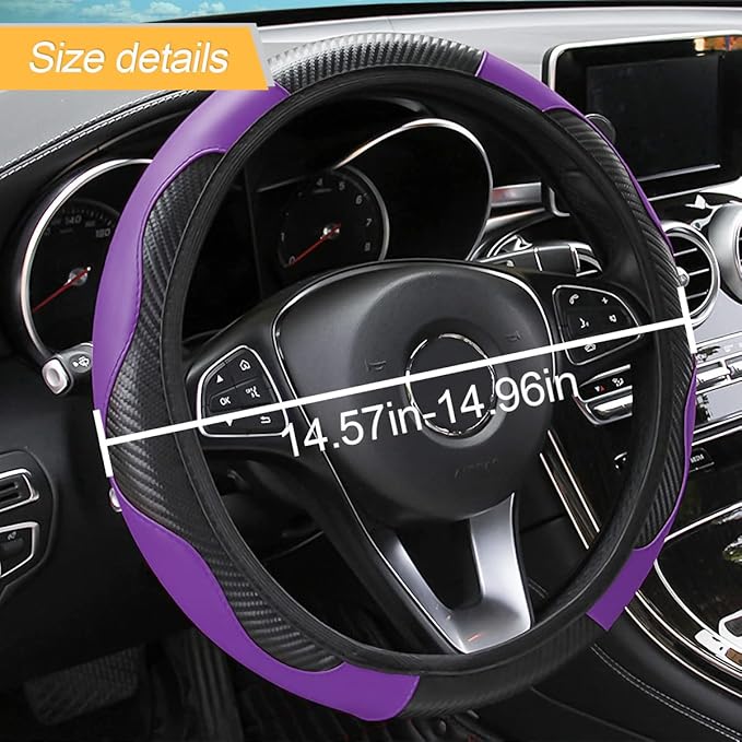 Car Steering Wheel Cover, Microfiber PU Leather Elastic Carbon Fiber Auto Steering Wheel Protector, 15 Inch Breathable Anti-Slip for Women Men, Car Interior Accessories for Most Cars (Black/Purple)