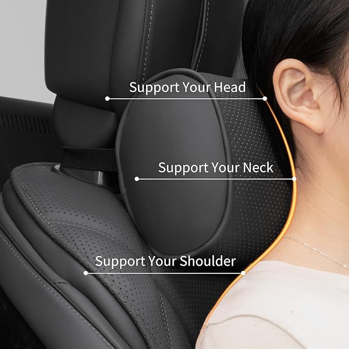 Car Headrest Pillow for Driving - Luxury Leather 100% Memory Foam, Ergonomic Neck Support - Universal Fit Head Rest Travel Pillow for Most Cars, Home & Office, Black, 1 Pack