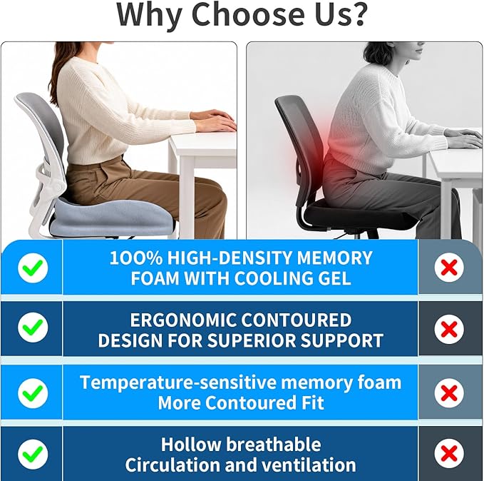 Seat Cushions for Office Chairs Wheelchair Cushion for Long Sitting Back Pain，Memory Foam Seat Car Computer Desk Chair Cushion，Coccyx Cushion for Tailbone Pain Relief Cushion Office Chair Black Blue