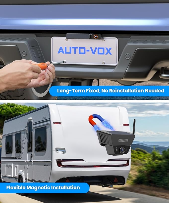 AUTO-VOX 2 Solar Wireless Backup Camera System: 7.2” 1080P HD Monitor, 3-Min Quick Installation for Wider Rear & Trailer View, IP69K Waterproof Back Up Camera for Truck, RV, Camper, Horse/Boat Trailer