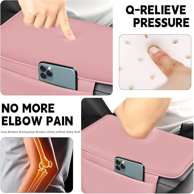 Car Armrest Cover Pad - Nappa Leather Car Center Console Cover with Breathable Holes, Non-Slip Auto Arm Rest Cushion, Universal Car Interior Accessories Fit forTesla Model Y (Pink)