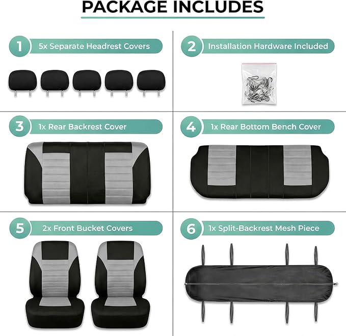 FH Group Automotive Car Seat Covers Full Set Premium 3D Air Mesh Front Seat Covers, Airbag Compatible & Split Bench Cover Universal Fit Interior Accessories for Cars Trucks and SUVs - Gray