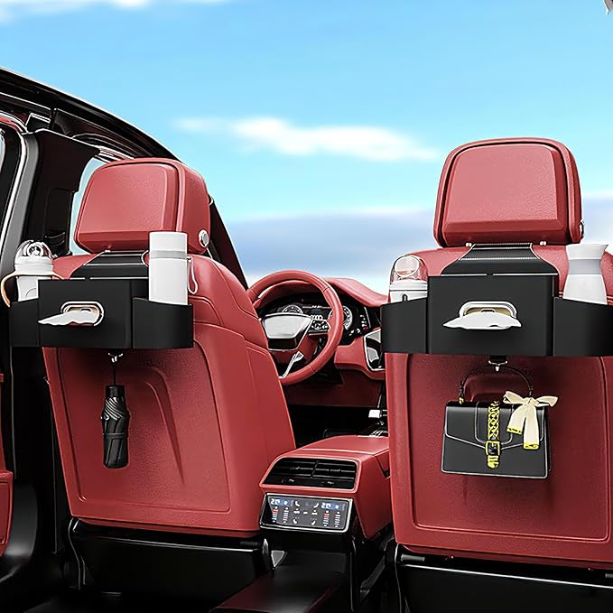 Back Seat Car Organizer with one Towel Leather wood materials Car Back Seat Storage Box 2 Drink Cup Holder Tissue Box for Hold Phone Drinks Handbag Compatible with Most Vehicles (Black)
