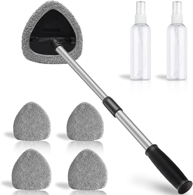 25.5” Windshield Cleaner Tool, Longer & Strong Absorbent Car Window Cleaner with 5 pcs Washable Pads and 2 pcs Spray Bottles for Car and Home Window, Gray