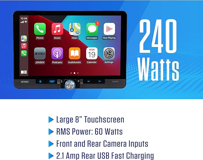 JENSEN J1CA10FL 10.1-inch Certified Apple CarPlay Android Auto Wired or Wireless | Single DIN & Double DIN Touchscreen Car Stereo Radio | Bluetooth | Front & Rear Camera Inputs | USB Playback & Charge