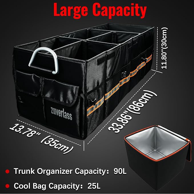Car Trunk Organizer with Cooler Bag, 90L Portable Trunk Cargo Organizer for SUV Truck Sedan, 3 Compartments Collapsible Car Storage Box with Lid, 4 Removable Dividers