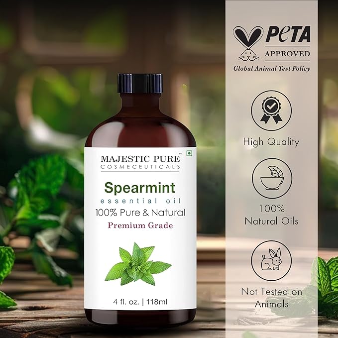 Majestic Pure Essential Oil with Glass Dropper - 100% Pure and Natural - Essential Oils for Diffuser, Aromatherapy, Soap and Candle Making, Spearmint Essential Oil, Spearmint Oil, 4 Fl Oz