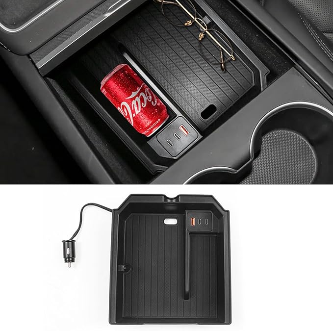 HANSSHOW Center Console Organizer for Juniper Armrest Storage Box with USB Charge Docking Station for Tesla Model 3 Highland & Model Y Juniper(2025.03+)