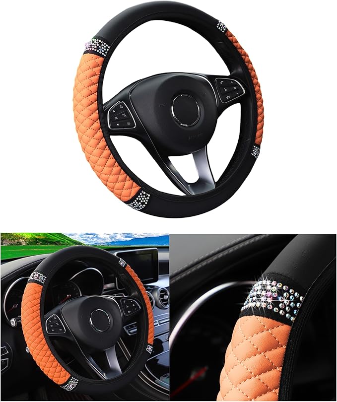 Bling Car Steering Wheel Cover, 15 Inch Rhinestones Soft Leather Elastic Steering Wheel Protector, Sparkly Crystal Diamond for Women Girls, Car Interior Accessories for Most Cars (Orange)
