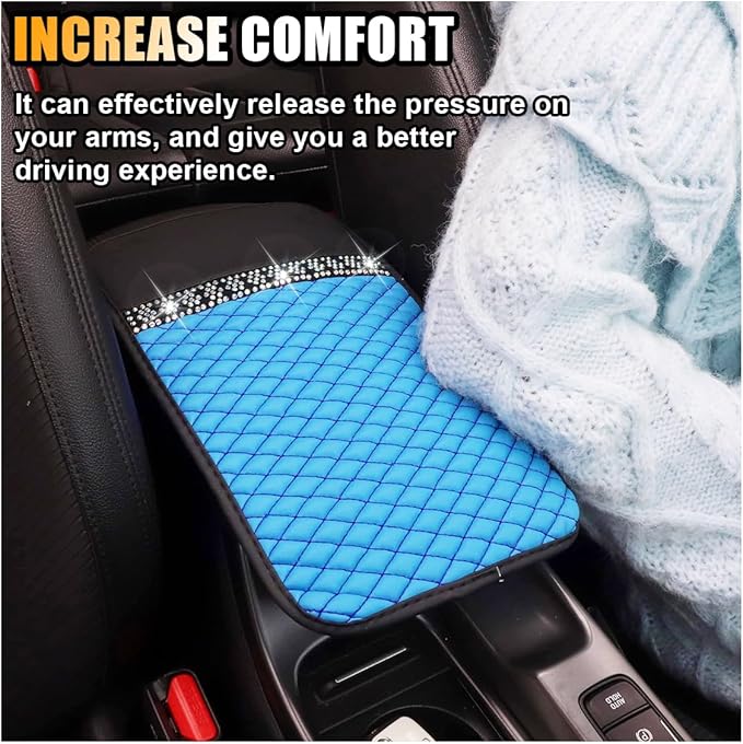 Bling Leather Car Armrest Seat Box Cover, Car Console Armrest Cover with Crystal Rhinestones, Anti-Scratch Waterproof Auto Center Console Protector Cushion Pad for Car SUV Truck (Blue)