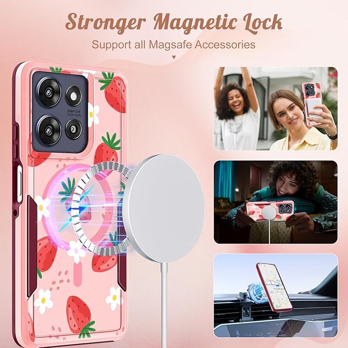 LISEVOfor Moto G Power 2025 Case - for Motorola Moto G Play 2025 Case Compatible with MagSafe Women Cute Girls Magnetic Protective Phone Cover Girly Kawaii Strawberry Heavy Duty Shockproof