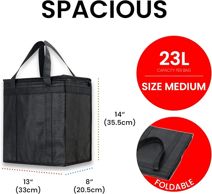 NZ home Insulated Bags for Food Delivery (Medium) Grocery Shopping Cooler Bag, Pizza Delivery, Hot & Cold Catering Tote, Reusable, Foldable & Heavy Duty (2 Pack, Black)