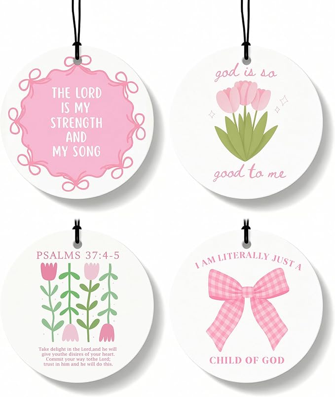 Pink Christian Round Citrus Car Air Freshener 4 Pcs, Pink Coquette Bow Tulip Floral Hanging Air Freshener for Cars Bathroom Dorm Books Decor, Girly Christian Accessories Gifts for Women Girls