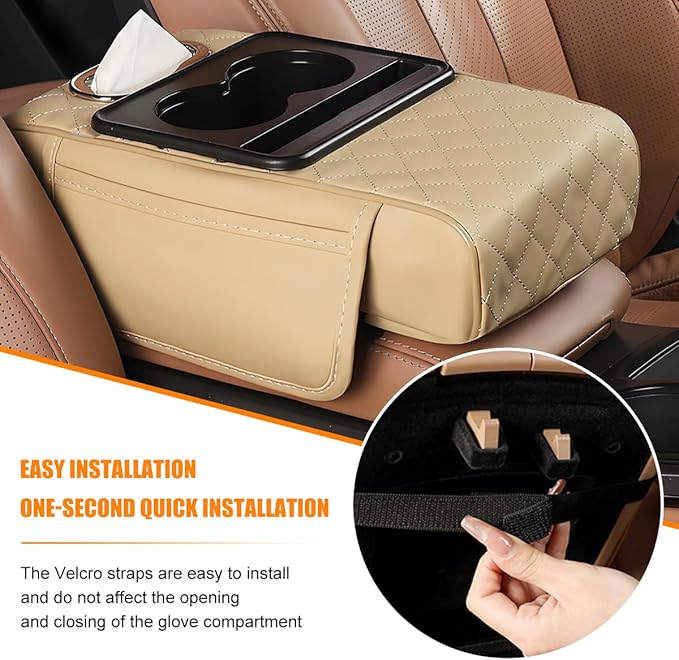 Car Armrest Cushion, 5-in-1 Nappa Leather Vehicle Centre Console Cover with 2 Storage Pockets, Cup Phone & Phone Holder, Multifunctional Auto Organiser Accessories, Universal Fit (Beige)