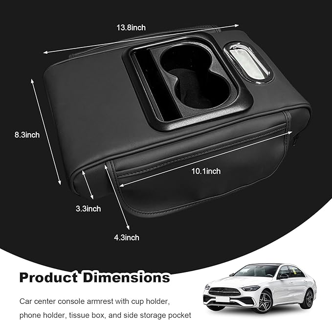 Car Center Console Armrest Pillow, Multifunctional Armrest Box Cover with Cup Phone Tissue Holder & Side Pockets, Waterproof Leather Middle Console Cushion for Most Vehicles (Black, Normal)