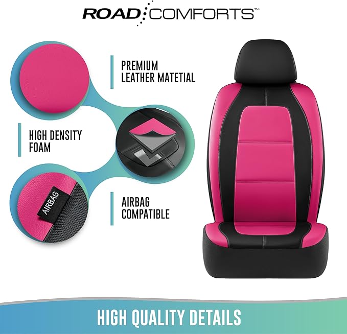 Road Comforts Car Seat Cover, Leather Car Seat Covers, Front Low Back Sport Seat Covers, Airbag Compatible, Universal Fits for Most Cars (Hot Pink