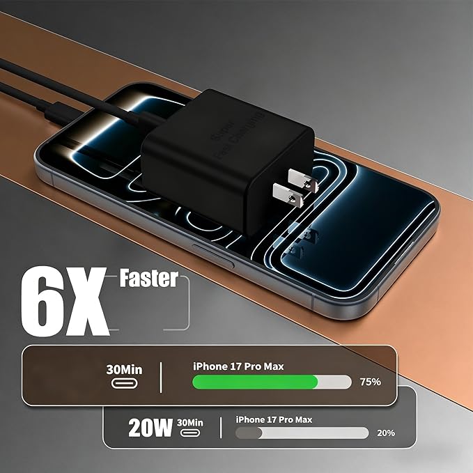 iPhone 17 16 Pro Max Charger Fast Charging, Super Fast USB C Chargers for iPhone 17 (6FT+6FT+10FT) Type C Chargers Cord with Fast Charger Block for iPhone 17/16/15 Series/iPad/ GalaxyS26/S25 Black
