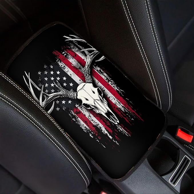 Deer Skull Print Car Center Console Pad American Flag Print Armrest Seat Box Cover Protector for Auto Interior Decor Dust-Proof Universal Neoprene Armrest Pad