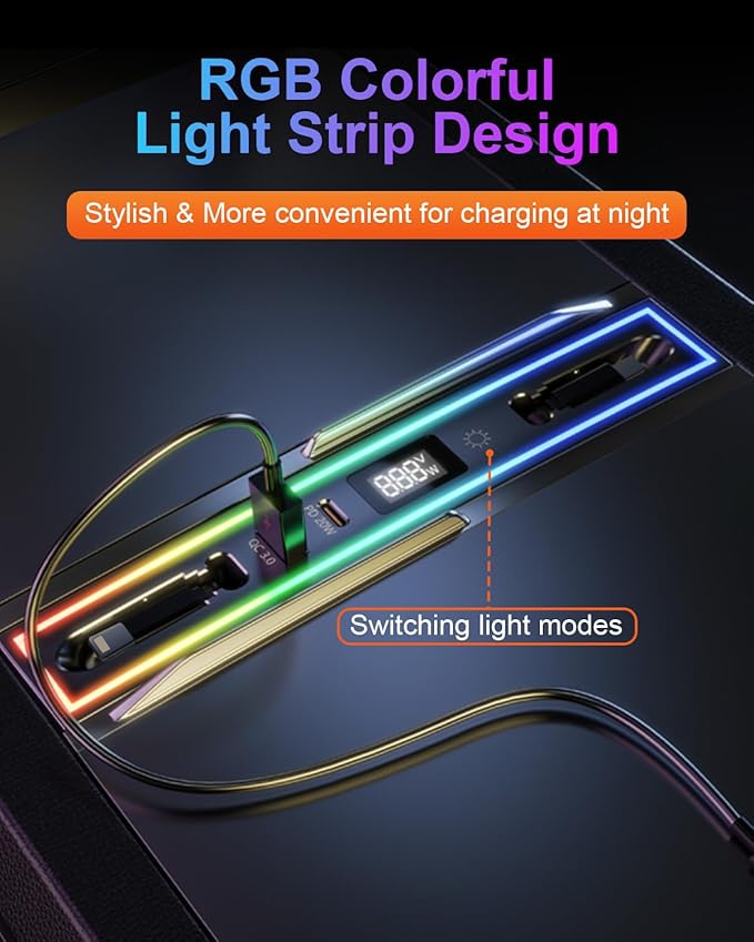 USB Hub for Tesla Model Y Juniper 2026 & Model 3 Highland 2024-2025 with RGB Ambient Light, 4-Port Docking Station, Tesla Phone Charger Charging Center Console Organizer Accessories Gifts