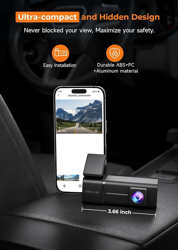 Dash Cam, 2.5K WiFi Dash Camera for Cars, E-YEEGER Mini Dashcam with App, Front Car Camera, G-Sensor, Loop Recording, Night Vision, 24H Parking Mode, 32G SD Card Included, Support 256GB Max