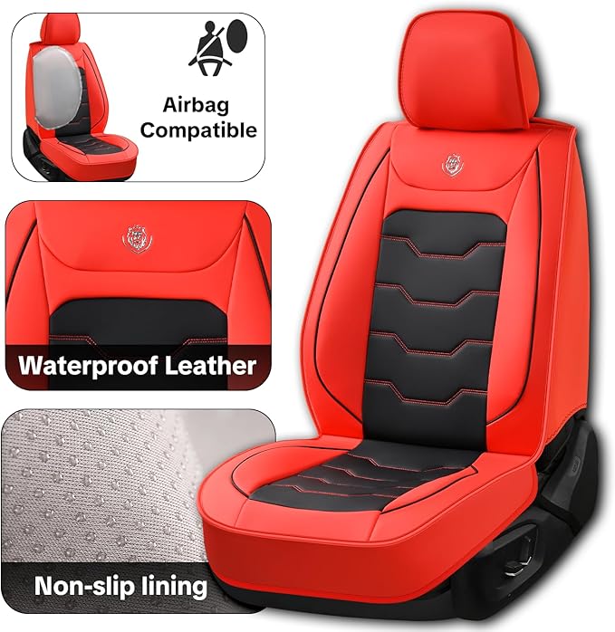Red Car Seat Covers Complete Set, Universal Car Seat Covers for Cars, Premium Waterproof Leather, Protect & Upgrade Car Interiors, Airbag Compatible, Easy to Install & Clean Up